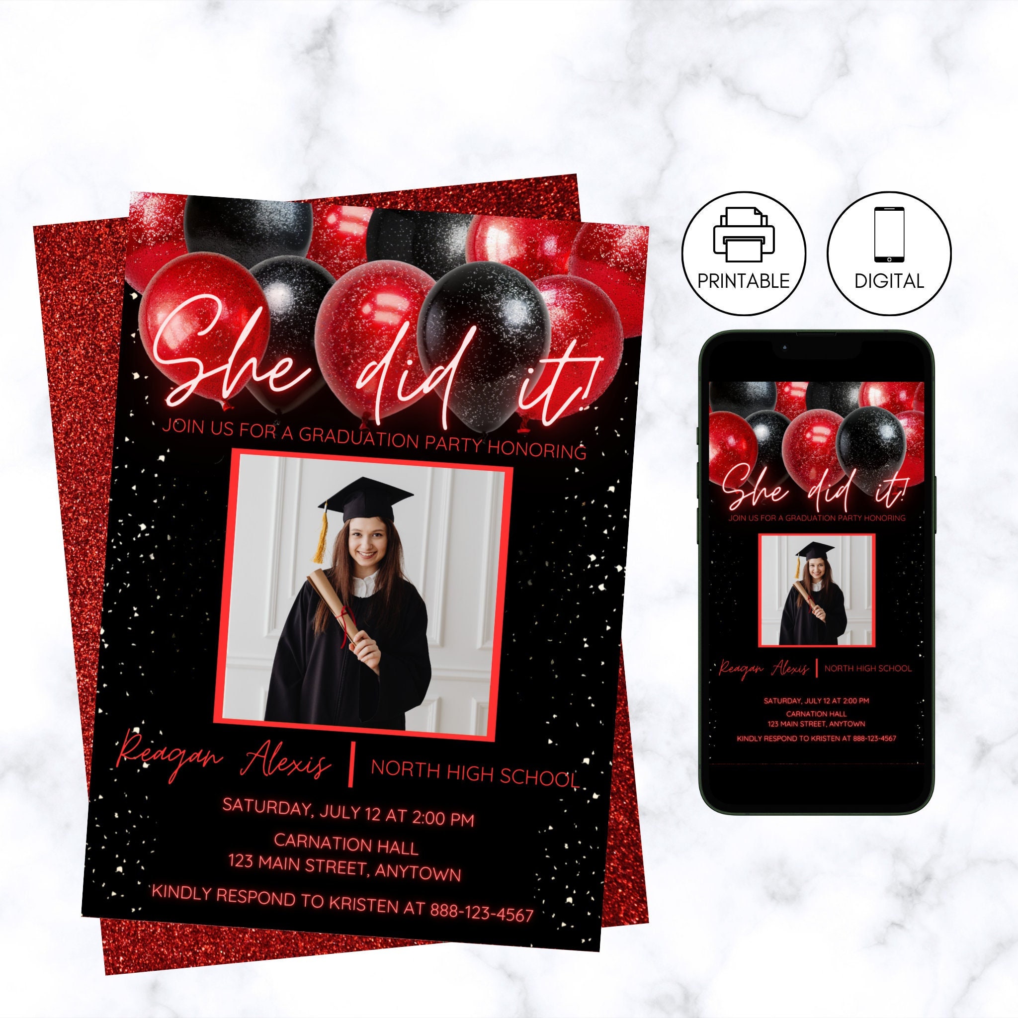 Graduation Photo Party Invitation Template, Black & Red Grad Invite, She Did It, Instant Download, High School College Girl, Glitter Balloon