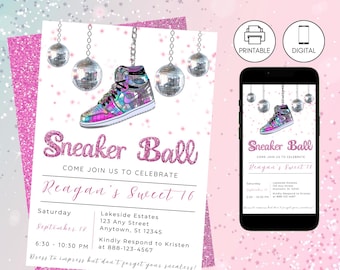 Sneaker Ball Birthday Party Invitation Template Pink, Instant Download, Sweet 16, Kicks Celebration Gala Bash, Tween Teen Glitter Air