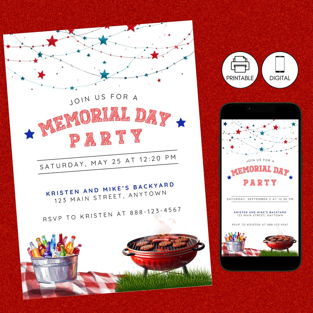 Memorial Day BBQ Party Invitation, Patriotic Red White & Blue Memorial ...
