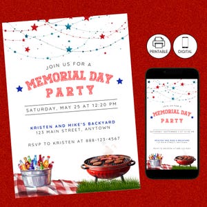 Memorial Day BBQ Party Invitation, Patriotic Red White & Blue Memorial Day Invite, Barbeque Cookout Grilling Celebration, Instant Download