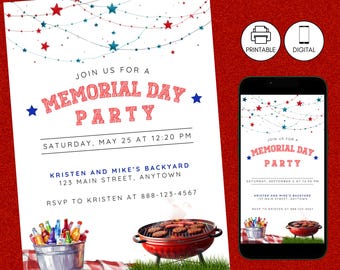 Memorial Day BBQ Party Invitation, Patriotic Red White & Blue Memorial Day Invite, Barbeque Cookout Grilling Celebration, Instant Download