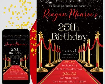 Red Carpet Invite | Hollywood Theme Party | Birthday Invitation | Red Black Gold | Instant Download | Editable | Special Event | VIP