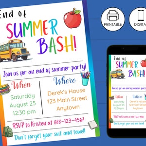 End of Summer Bash Party Invitation, Goodbye Summer Hello School, Back to School Kids Celebration Invite, Instant Download, Digital Invite