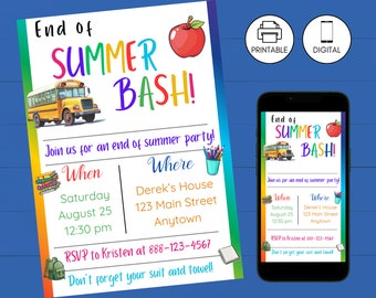 End of Summer Bash Party Invitation, Goodbye Summer Hello School, Back to School Kids Celebration Invite, Instant Download, Digital Invite