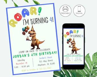 Roar I'm Four Dinosaur Birthday Party Invitation Template, T-Rex Invite, Instant Download, Dino 4th Bday, Editable, Boy Girl, Balloons Cake