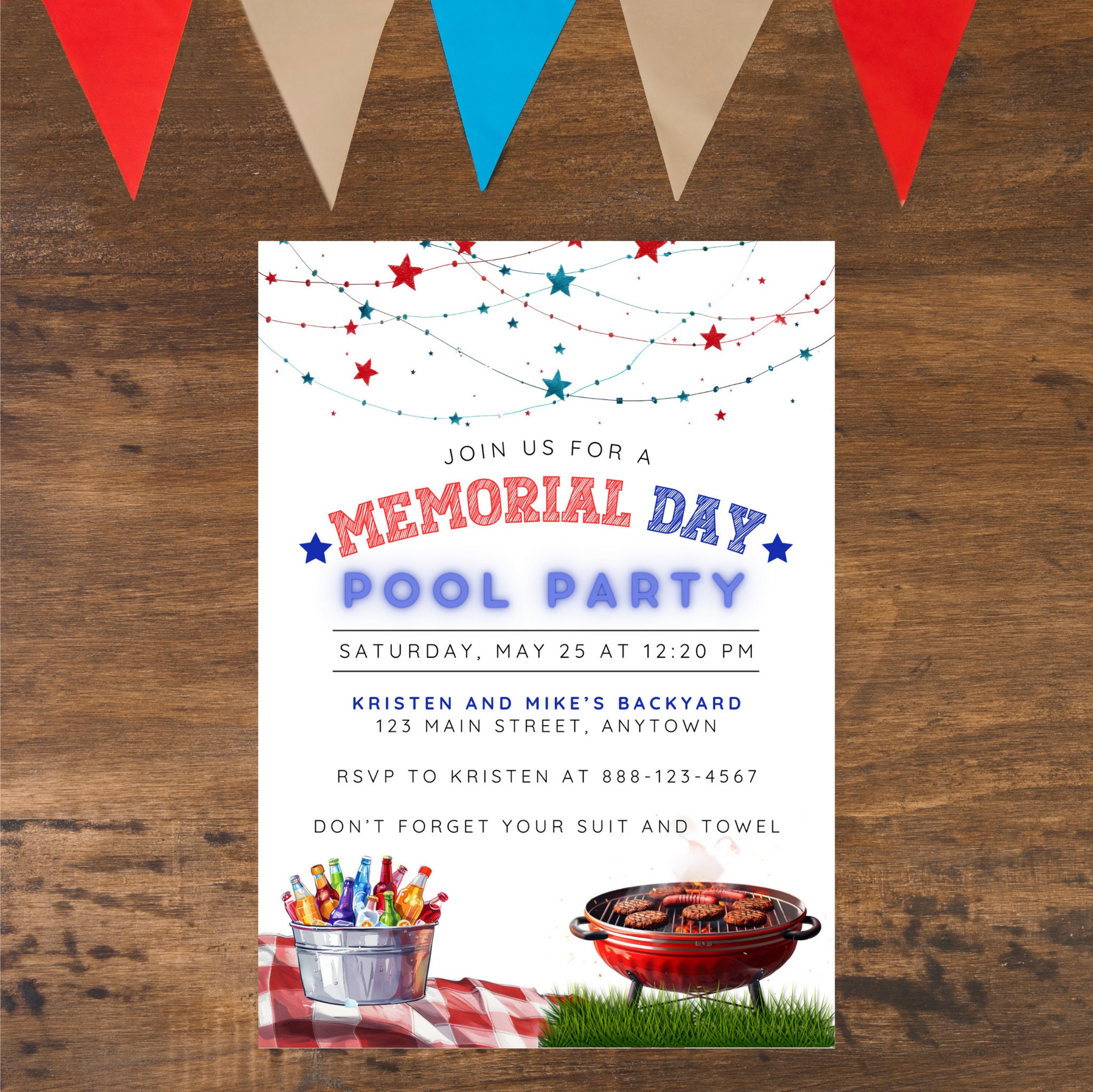 Memorial Day Pool Party Invitation, Patriotic Red White Blue Memorial ...