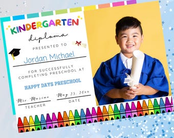Kindergarten Graduation Diploma Photo Certificate, Editable Teacher Resource, Grad Rainbow Printable, Instand Download, Personalize Last Day