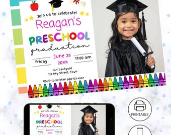 May include: A colorful invitation for a preschool graduation party. The invitation features a photo of a child in a graduation cap and gown, holding a diploma. The text on the invitation reads "Join us to celebrate! Reagan's Preschool graduation. June 25, 20XX. 11:00 am. Our backyard, 123 Any Street, Town. RSVP to Kristen 888-123-4567."