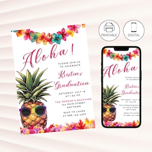 Aloha Hawaiian Graduation Party Invitation Template, Tropical Luau Grad Invite, Instant Download, Bright Floral Pineapple Celebration