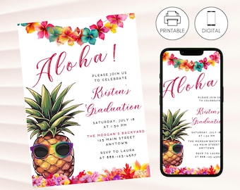 Aloha Hawaiian Graduation Party Invitation Template, Tropical Luau Grad Invite, Instant Download, Bright Floral Pineapple Celebration
