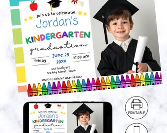 May include: A printable and digital invitation for a kindergarten graduation party. The invitation features a photo of a young boy in a graduation cap and gown, holding a diploma. The invitation is decorated with colorful crayons and the text "Join us to celebrate! Jordan's Kindergarten graduation. Friday, June 25, 20XX, 11:00 am. Our backyard, 123 Any Street, Town. RSVP to Kristen 888-123-4567."