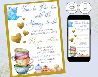 Zeit für Tee mit Mama, Einladung Vorlage, Floral High Nachmittagstee für Mama einladen, Sofort-Download, Baby-Dusche, blau Junge 1