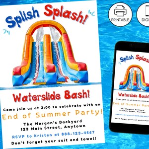End of Summer Waterslide Pool Party Bash Invitation Template, Editable Printable Mobile Back to School Backyard Invite, Instant Download