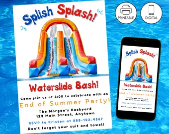 Modèle d'invitation de fin d'été avec toboggan aquatique à la piscine, invitation mobile imprimable et modifiable pour la rentrée, téléchargement immédiat