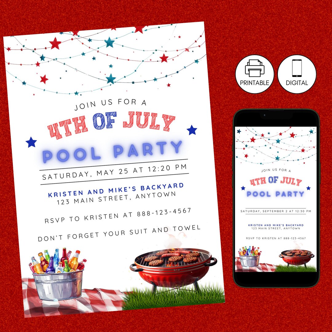4th of July Pool Party Invitation, Patriotic Red White Blue Memorial ...