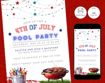 Invitation à une fête à la piscine du 4 juillet, invitation patriotique à nager pour le Memorial Day, rouge blanc bleu, célébration d'un barbecue, téléchargement immédiat, modifiable