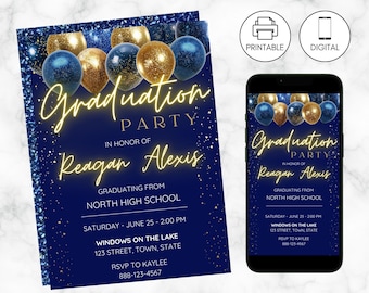 Convite de formatura azul e dourado | Anúncio de formatura | Convites para festa de formatura | Download instantâneo | Convite com foto | Ensino médio e faculdade
