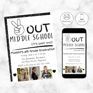Uitnodiging voor afstuderen middelbare school | Rust uit | Bewerkbare feestuitnodiging | 8e leerjaar | Direct downloaden | Eindejaar | Foto: