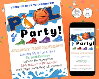 Basketball Pool Birthday Party Invitation Template, Swimming, Sports Invite, Boy Summer Bday Invite, Instant Download, Sneakers, Beach Ball