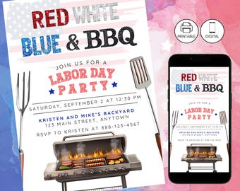 Labor Day BBQ Party Glitter Invitation, Patriotic Red White & Blue Labor Day Invite, Barbeque Cookout Grilling Celebration, Editable