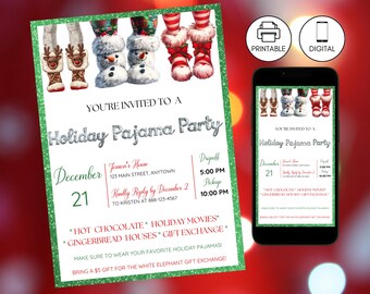 Plantilla de invitación para fiesta de pijamas navideña, invitación para pijamas navideños para niños, descarga instantánea, pantuflas cómodas y acogedoras, purpurina verde y roja brillante, festiva