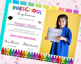 Preschool Graduation Diploma Photo Certificate, Editable Teacher Resources, Pre-K Grad Rainbow Printable, Instand Download, Girl s Last Day