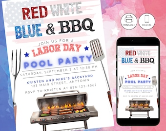 Labor Day Pool Party Glitter Invitation, Patriotic Red White Blue Labor Day Swim Invite, BBQ Grill Cookout Celebration, Editable Printable