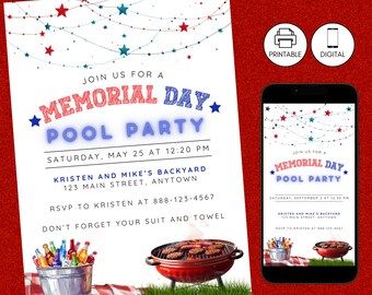 Memorial Day Pool Party Invitation, Patriotic Red White Blue Memorial Day Swim Invite, BBQ Cookout Celebration, Editable Instant Download