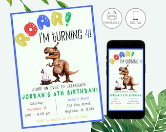 Roar I'm Four Dinosaur Birthday Party Invitation Template, T-Rex Invite, Instant Download, Dino 4th Bday, Editable, Boy Girl, Balloon Cake 5