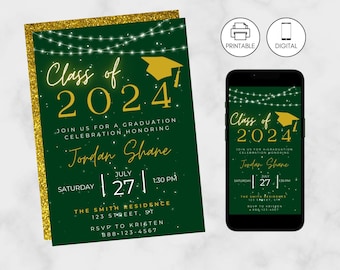 Modèle d'invitation photo vert et or pour l'obtention du diplôme, faire-part de fête des diplômés, téléchargement immédiat, lycée, université, primaire, édition