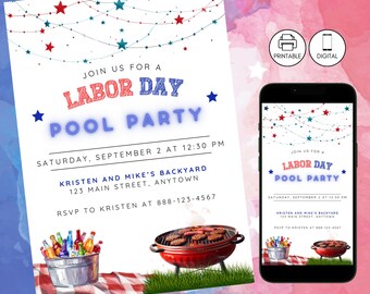Labor Day Pool Party Invitation, Patriotic Red White Blue Summer Swim Invite, BBQ Cookout Celebration, Instant Download, Editable, Grilling