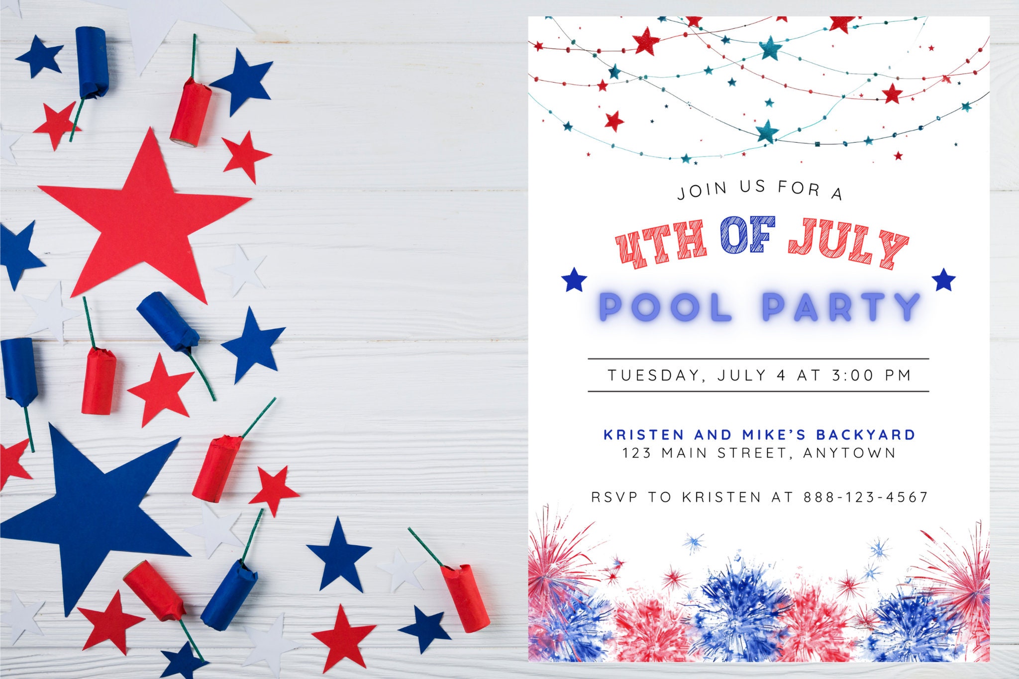 4th of July Pool Party Invitation, Patriotic Red White Blue Memorial ...