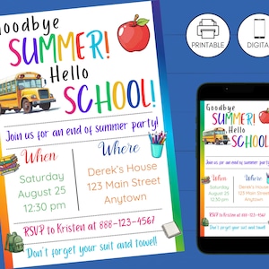 Back to School Bash Party Invitation, Goodbye Summer Hello School, End of Summer Kids Celebration Invite, Instant Download, Digital Invite