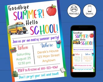Back to School Bash Party Invitation, Goodbye Summer Hello School, End of Summer Kids Celebration Invite, Instant Download, Digital Invite