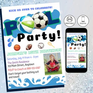 Soccer Ball Pool Birthday Party Invitation Template, Boy Sports Summer Bday Invite, Instant Download, Football Baseball Swimming Boy Girl