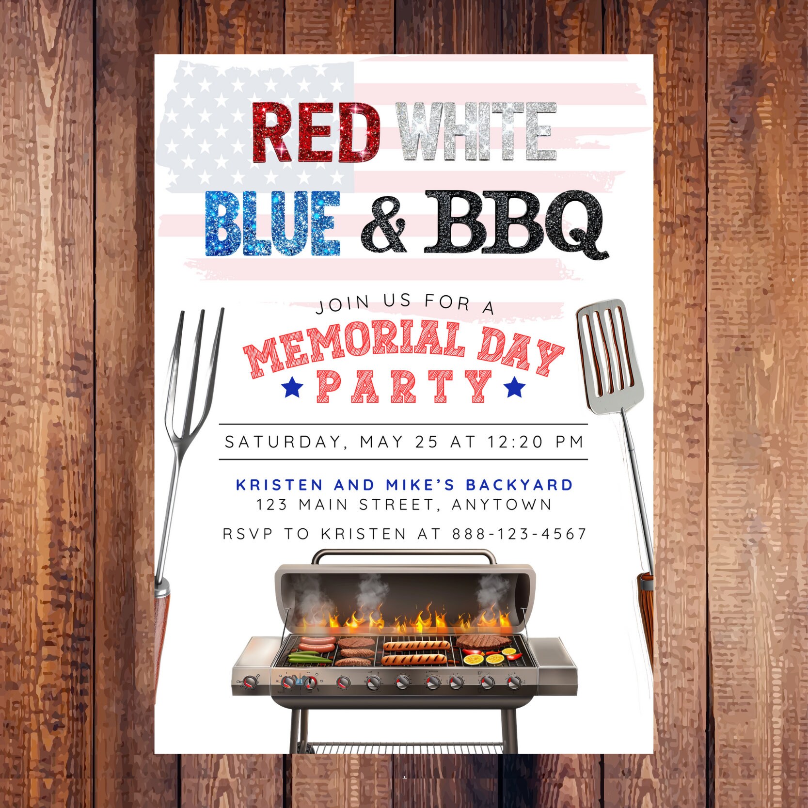 Memorial Day BBQ Party Glitter Invitation Template, Patriotic Red White ...