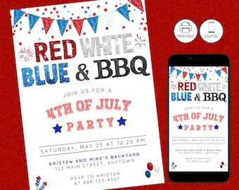 4th of July BBQ Party Invitation, Patriotic Red White Blue Independence Day Celebration Invite, Instant Download, Glitter Firewords, Cookout