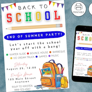 Back to School Bash Party Invitation, Goodbye Summer Hello School,  End of Summer Celebration Invite, Instant Download, Kids Digital Invite