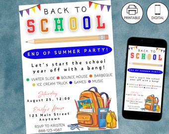 Back to School Bash Party Invitation, Goodbye Summer Hello School,  End of Summer Celebration Invite, Instant Download, Kids Digital Invite