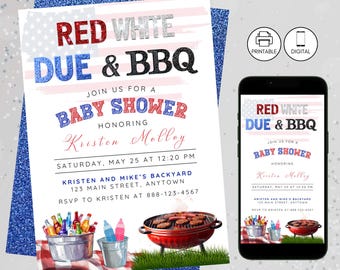 Red White & Due Baby Shower Invitation, 4th Of July Bbq Grill, Baby Q Invite, Instant Download, Patriotic  Sparkle Girl Boy Celebration