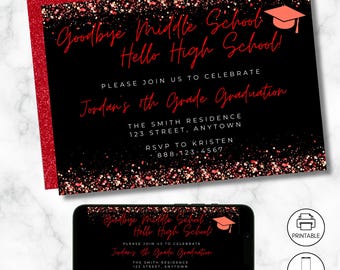 Middle School Graduation Invitation Template, Goodbye Middle School, Party Invite, 8th Grade Grad, Instant Download, High School, Black Red