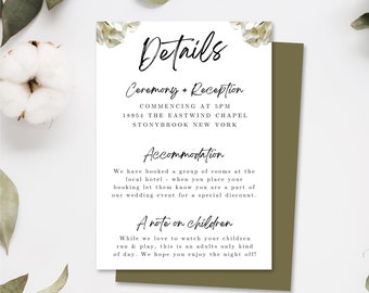 Puede incluir: Una tarjeta blanca con texto negro que detalla la ceremonia y la recepción de una boda. El texto dice "Details", "Ceremony + Reception", "COMMENCING AT 5PM", "18954 THE EASTWIND CHAPEL", "STONYBROOK NEW YORK", "Accommodation", "We have booked a group of rooms at the local hotel - when you place your booking let them know you are a part of our wedding event for a special discount.", "A note on children", "While we love to watch your children run & play, this is an adults only kind of day. We hope you enjoy the night off!"