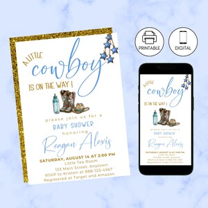 Western Baby Shower Invitation Template, Little Cowboy Country Theme Invite, Editable Print, Instant Download, Rodeo Boots Hat, Blue Brown