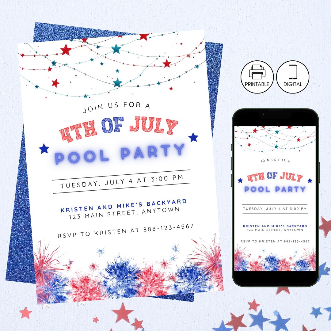 4th of July Pool Party Invitation, Patriotic Red White Blue Memorial ...