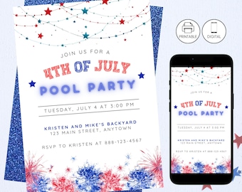 Invitation à une fête à la piscine du 4 juillet, invitation patriotique à nager pour le Memorial Day, rouge blanc bleu, célébration barbecue pour barbecue, téléchargement immédiat, modifiable