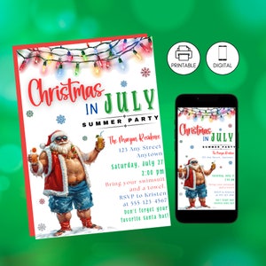 Christmas in July Pool Party Invitation Template, Fun Summer Celebration Event, Santa Christmas Lights, Instant Download, Green Red