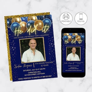 Blue Gold Retirement Party Invitation Template, Cheers Announcement Appreciation Invite, Instant Download, Glitter, He Did It, Surprise
