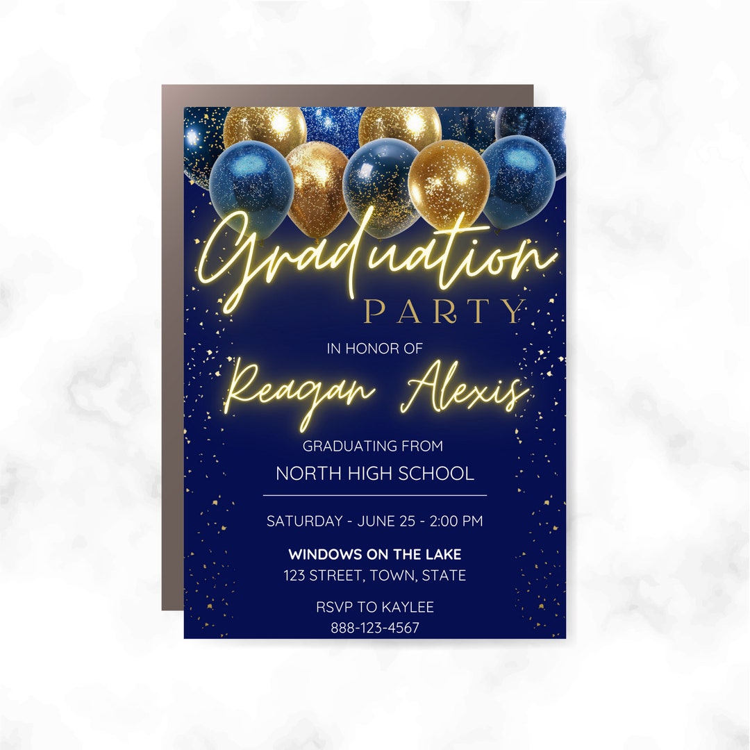 Blue & Gold Graduation Invite Grad Announcement Grad Party Invitations ...