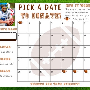 Szablon zbiórki funduszy na kalendarz sportowy, edytowalna, drukowana ulotka drużyny, natychmiastowe pobieranie, wybierz datę zbiórki funduszy, skarbonki