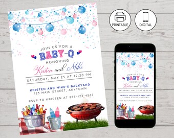 May include: A printable or digital baby shower invitation with a blue and pink watercolor background. The invitation features a string of lights, a grill, and the text "Join us for a Baby-Q honoring Kristen and Mike. Saturday, May 25 at 12:20 PM. Kristen and Mike's Backyard 123 Main Street, Anytown. RSVP to Kristen at 888-123-4567."